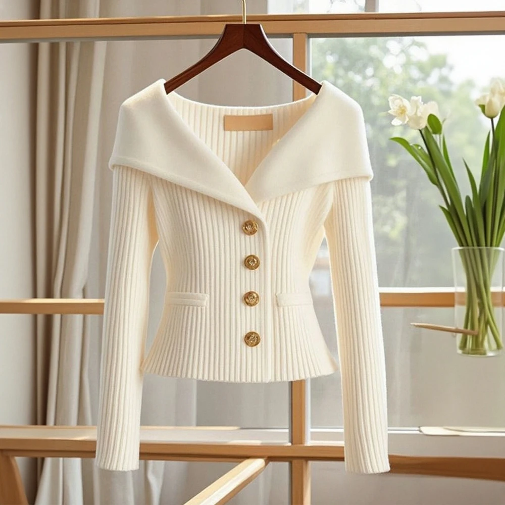 

Вязаный кардиган в стиле Характеристики, женский высококачественный свитер на талии с пуговицами, осенний стиль, нишевая мода