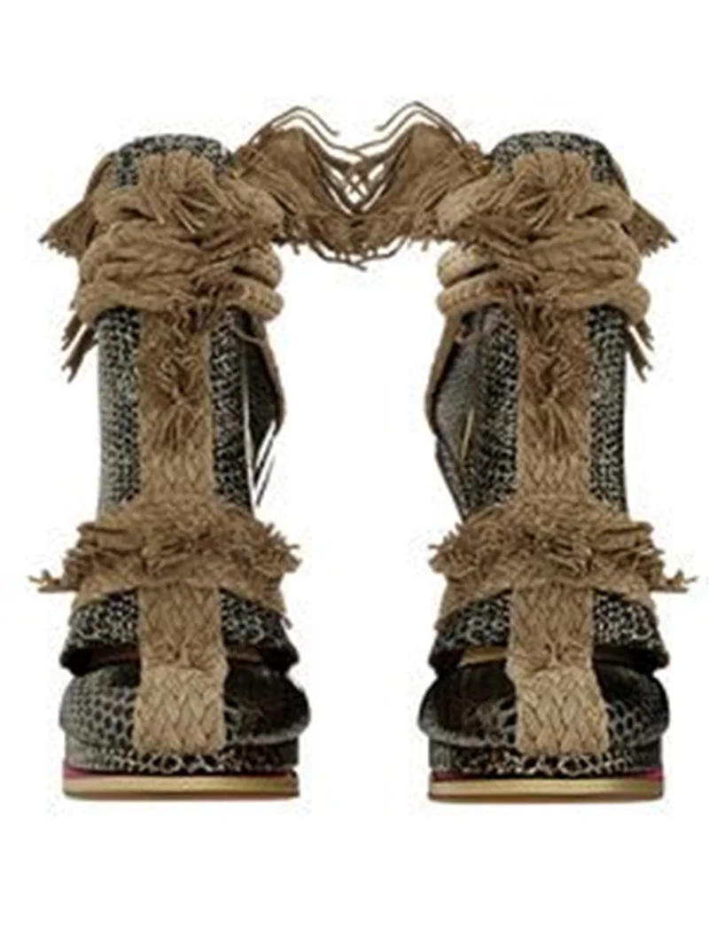 Sandálias femininas retrô com corda de cânhamo vazada, decorativas, bico redondo, salto cônico, tira no tornozelo