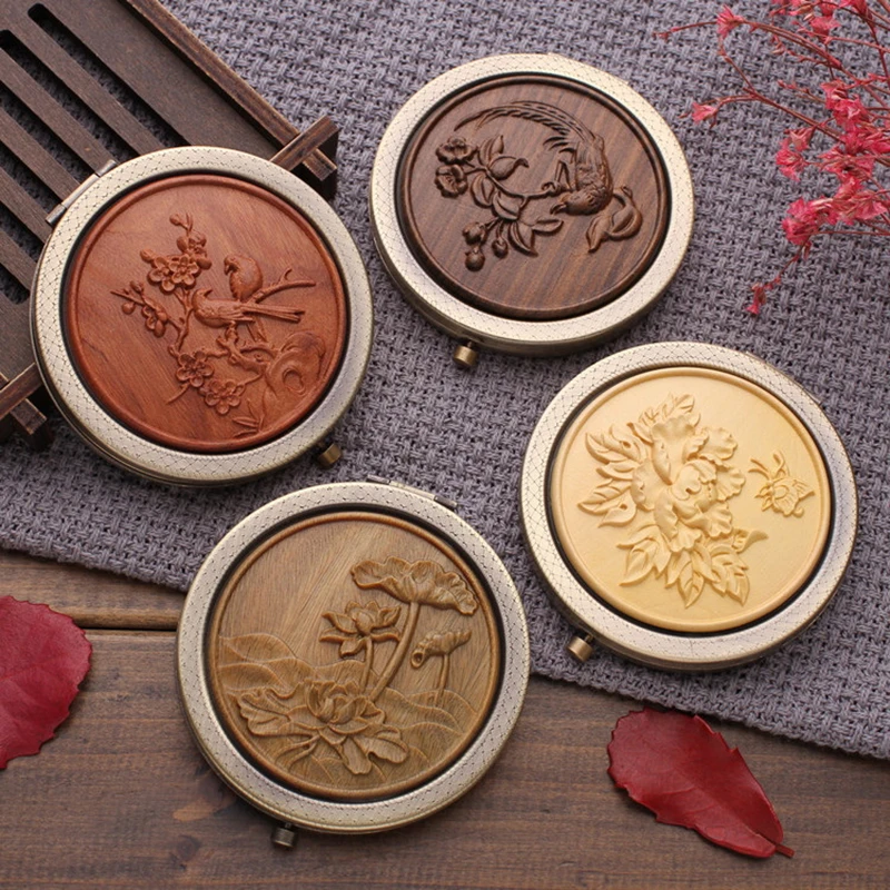 Wood Folding Pocket Mirror Vintage Flowers MakeupMirror Portable Magnifying Retro Compact Mirror Folded Pocket Mirror Women Gift