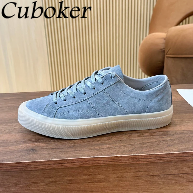 2024 Spring Suede Leather Lace Up Flat Sneakers Men Thick Sole Casual Shoes Male Outside Leisure Driving Walking Shoes Hombres