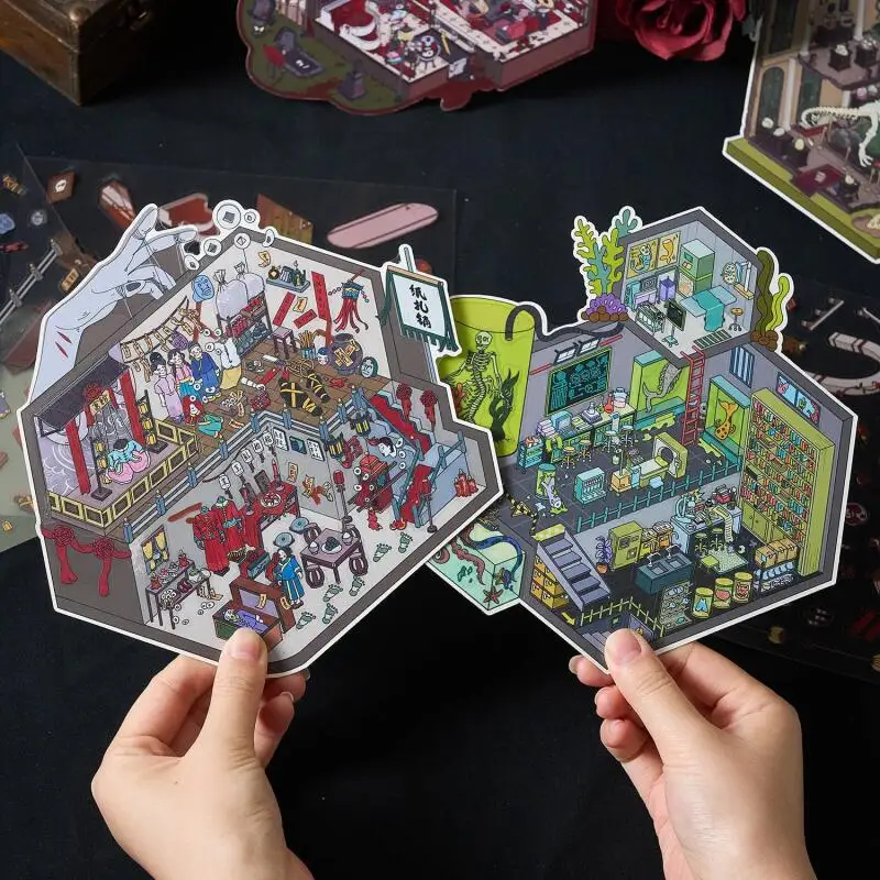 بطاقة عاشق 3 قطع [سلسلة رعب صغيرة] ملصقات المناظر الطبيعية مادة ثلاثية الأبعاد متحف مهجور حورية البحر معهد البحوث قلعة الدم