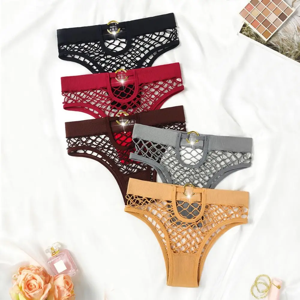 3Pcs Fishnet Panties Soild Color Mesh Panties Middle Waist Sexy Fishing Net Briefs Underwear Breathable Female Lingeries Female