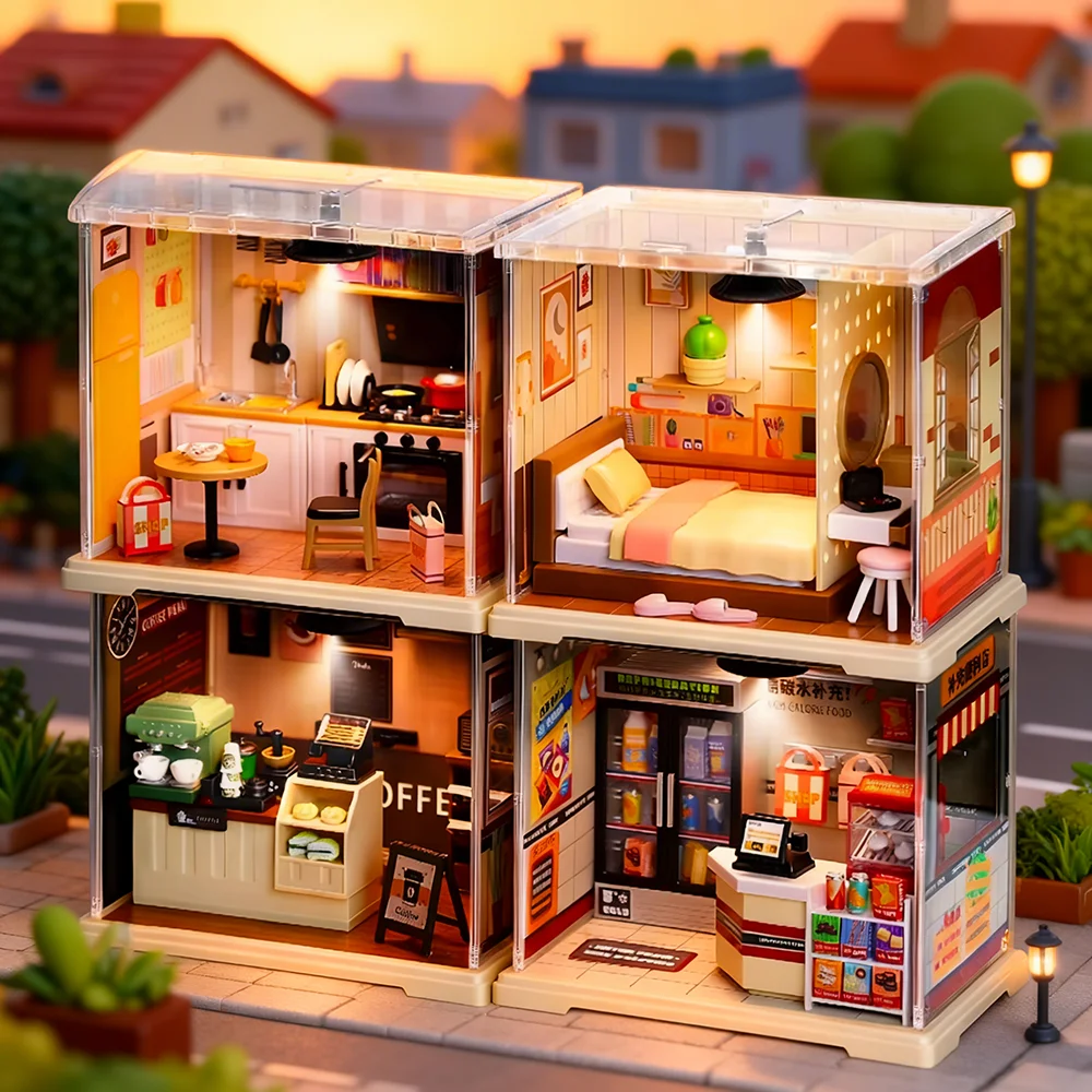 Mini City Life 3D Puzzle DIY Miniature Model Kit w/ LED Light  Adult Decompression Toy  Modern Apartment & Coffee Shop Building