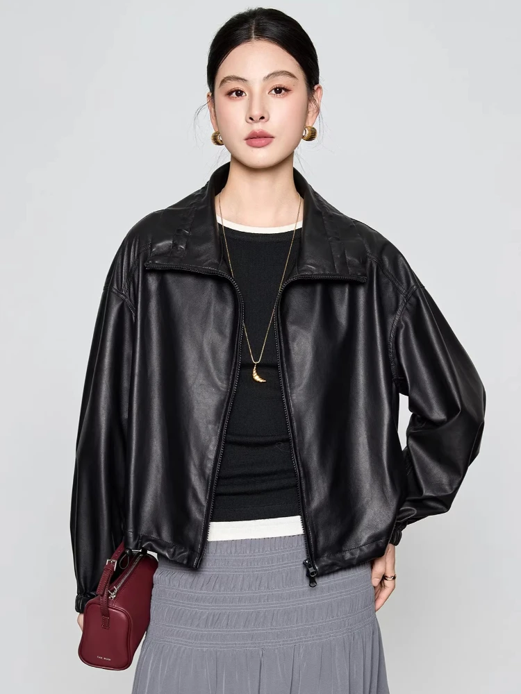 

Casual Short Genuine Leather Jackets Women Spring Autumn High-end Simple Stand Collar Loose Thin Soft Black Real Sheepskin Coat