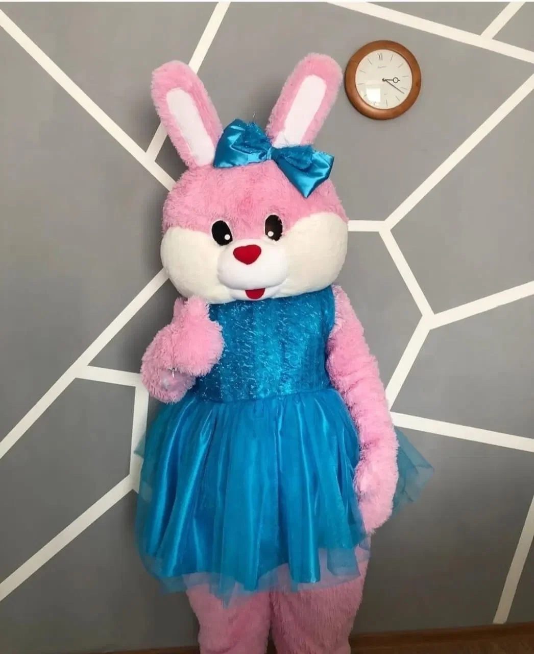 

Pink Rabbit Bunny Mascot Costume with Blue Dress Cosplay Suit for Party Game Carnival Advertising Promotion