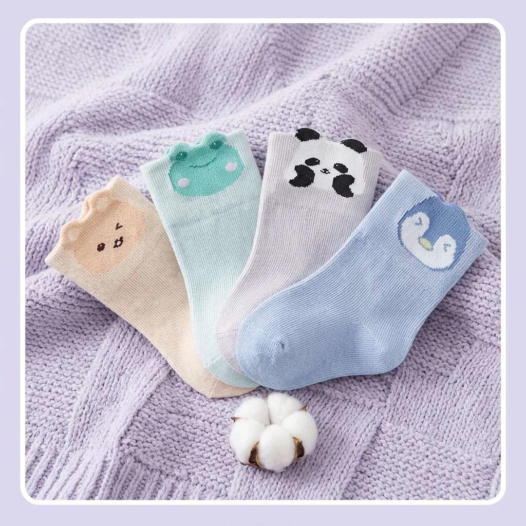 4 Paar Baby-Baumwollsocken, Niedliche Tiermuster, Weiche Langlebige Socken, Einfach zu Tragen und zu Pflegen