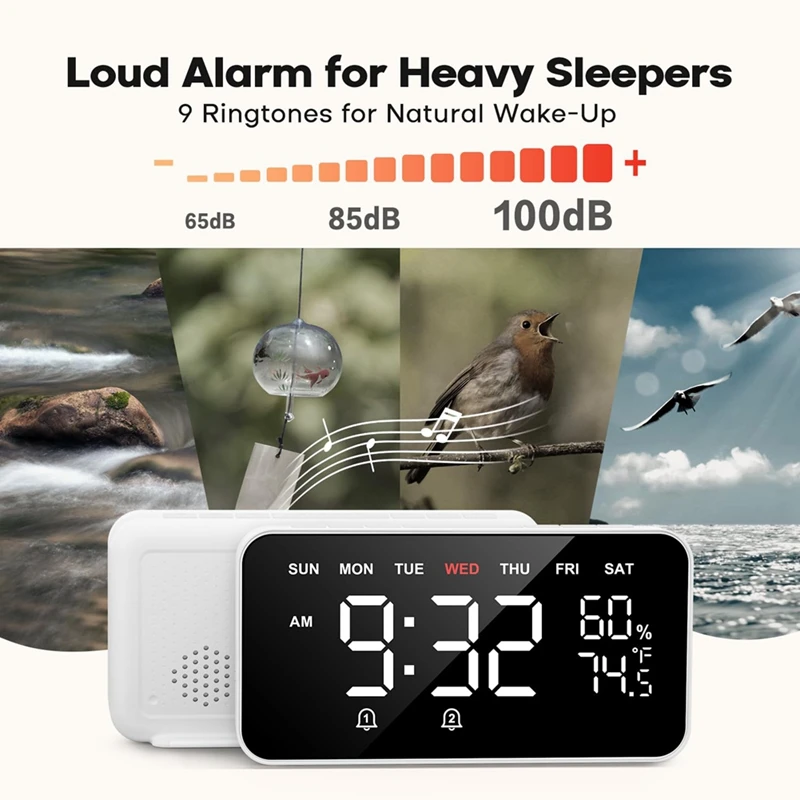 Digital Alarm Clocks For Bedrooms, Loud Alarm Clock For Heavy Sleepers,Temperature & Humidity Detect,Large Display