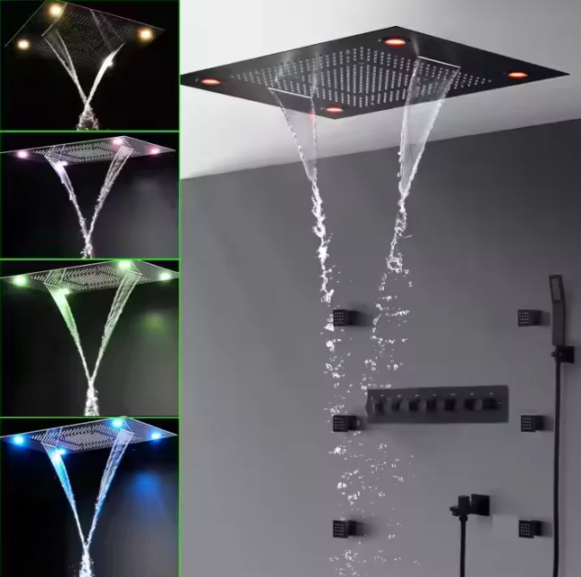 

Luxurious Brass 600*800MM Black Thermostatic Mixer Valve Large LED Ceiling Bathroom Faucet Rainfall Showerhead Massage Jet