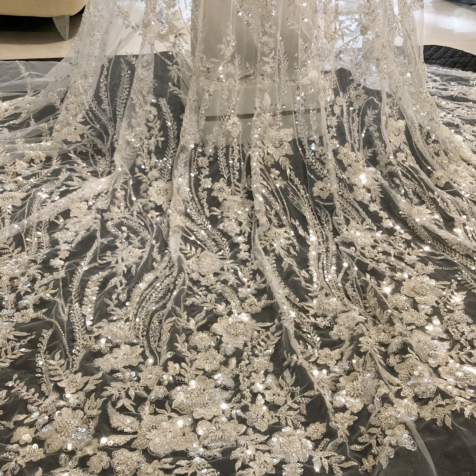 Robe de Soirée de Mariage en Dentelle, Tissu Argenté, Haute Densité, Broderie de Perles et Paillettes, Nouvelle Collection