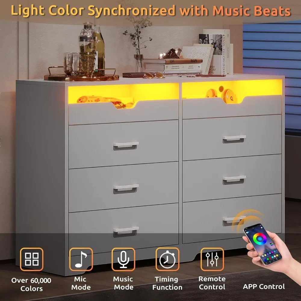 Kommode mit 6 Schubladen und LED-Leuchten für Schlafzimmer, moderne Doppel kommode mit 2 ausziehbaren Tabletts, frachtfrei