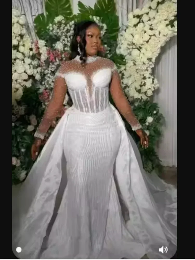 Customized  See Through Beads Sequins Wedding Dress Vestido De Casamento  Long Sleeves Bridal Gown with Removable Skirt