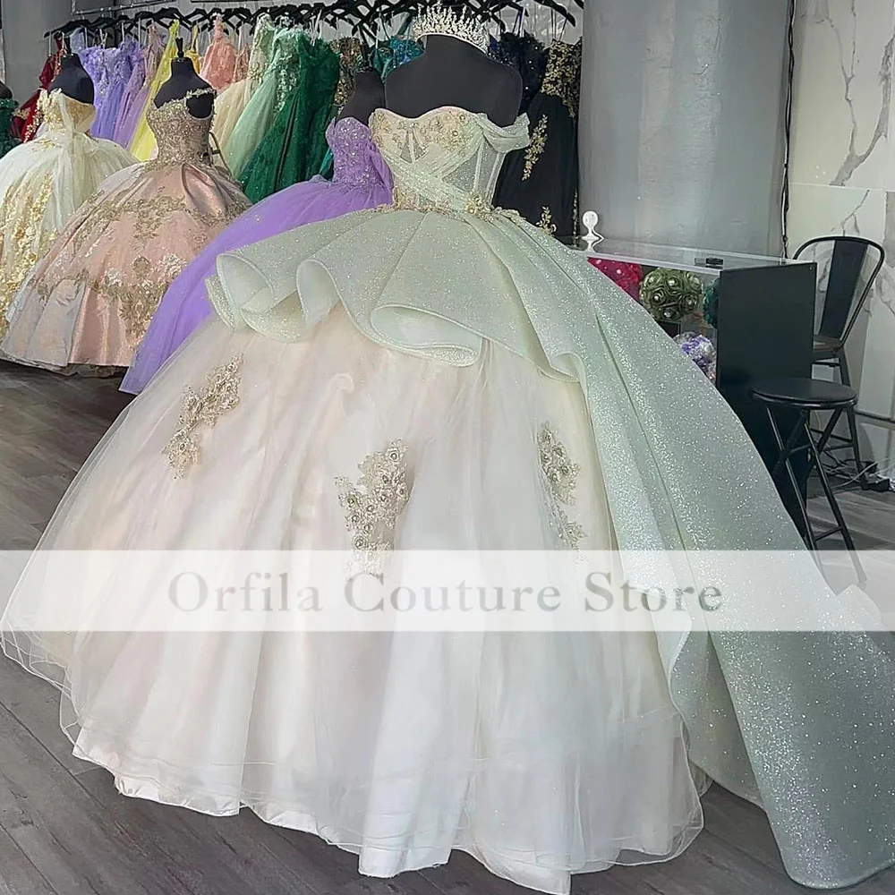 فساتين حفلات موسيقية جديدة من vestidos de quinceañera ذات أكتاف لامعة وسباركلي حلوة من 15 فستان لحفلات التخرج فساتين Quinceanera