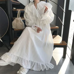 Vestidos De Mujer Heavy Industry Lace Doll Neck Ruffle White Folded Loose Flare Sleeve Dress  Long Shirt Birthday Summer