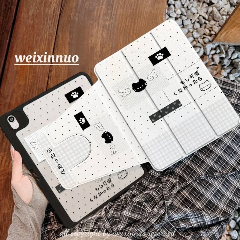 Japanese Wave Point Cat Cute 3Fold iPad Case For iPad Pro 11 13in 2025 iPad Pro 12.9in Air7 10th 11th M4/5 Tablet Acrylic Cover