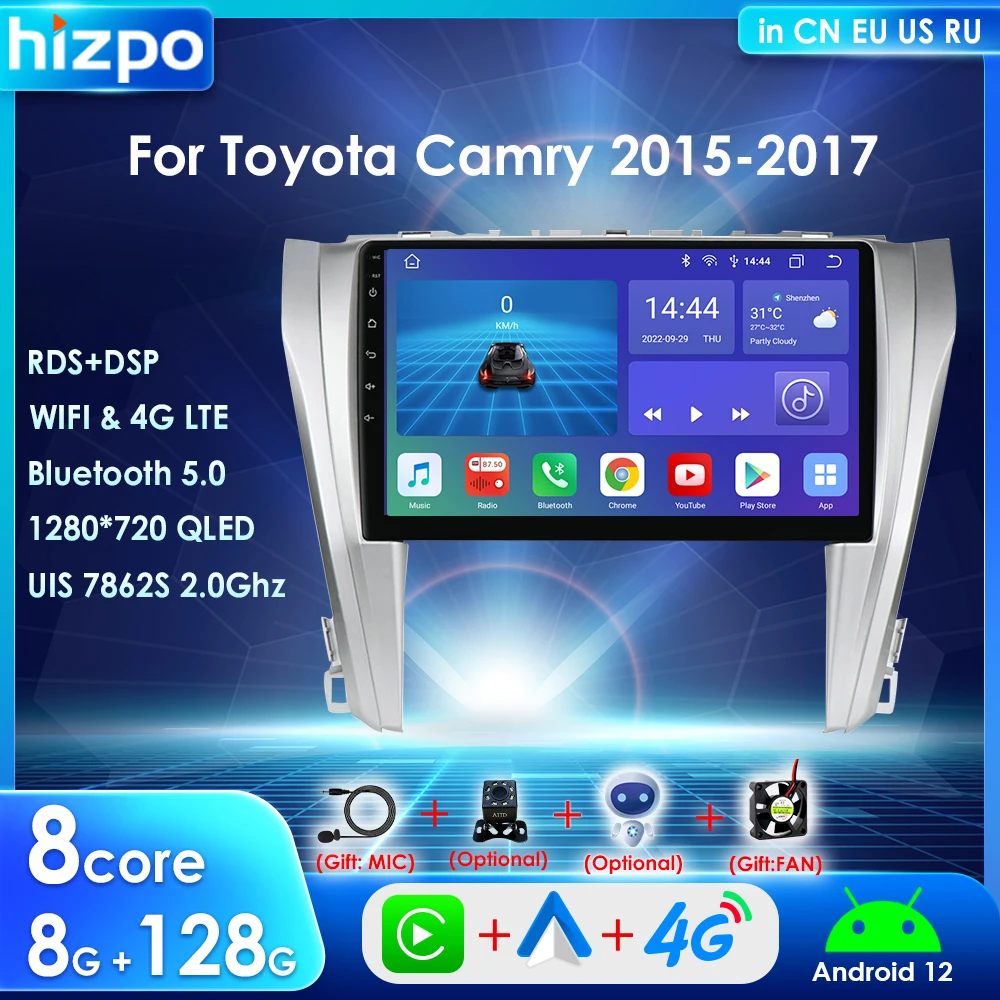 Hizpo Carplay Android 12 Auto Car Radio for Toyota Camry 7 XV 50 55 2015 2016 2017 Multimedia Player 2 Din Navigation GPS Stereo