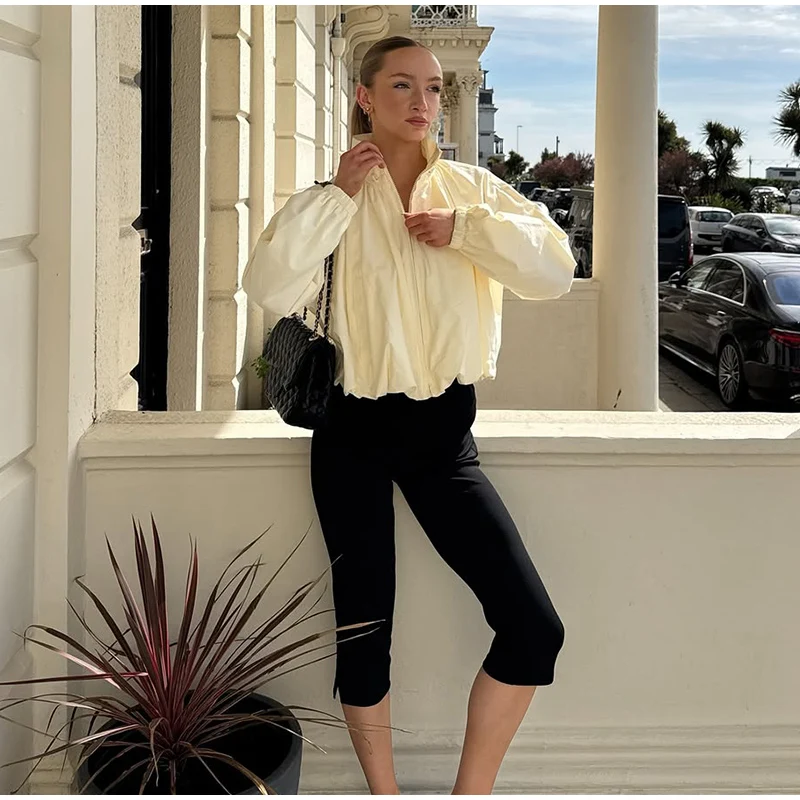 Rollkragen-Oversize-Cropped-Jacken für Damen, Street-Style, Lange Ärmel, Reißverschluss, Einfarbig, Locker Sitzende Mäntel, Schicke Damen-Oberbekleidung, Neuheiten – Detail 10