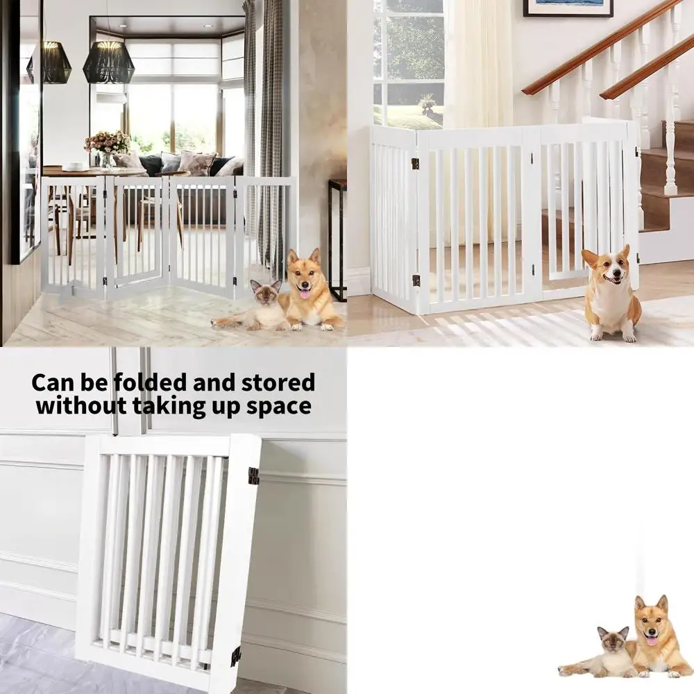 

White 4-Panel Wooden Dog Gate, 81.5 Long x 30 High, Freestanding Folding Pet Barrier for Indoor Use