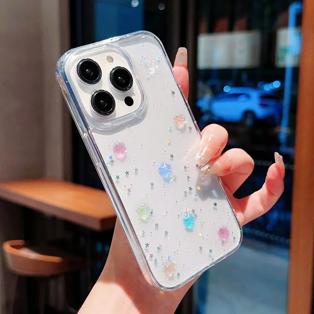 حافظة لهاتف آيفون 16 15 14 Plus 13 11 12 Pro Max Plus بالترتر غطاء شفاف مزين بالترتر ثلاثي الأبعاد