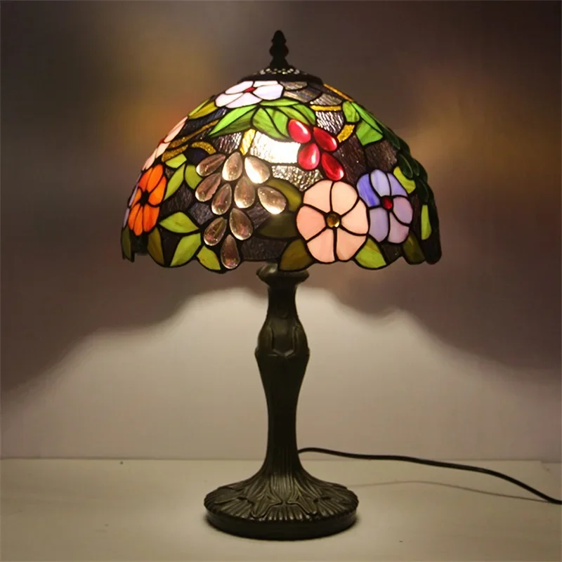 ANITA Tiffany Table Lamp LED Vintage Color Glass Fashion Flowers Pattern Desk Light Decor For Home Living Room Bedroom Bedside