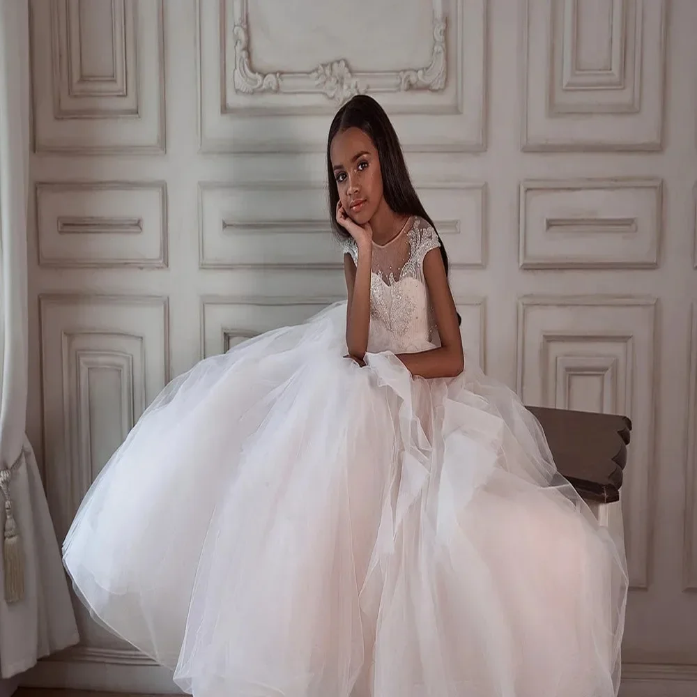 White Puffy Flower Girl Dress Beading Tulle Sheer Neck Children Wedding Party Gown First Communion Gowns