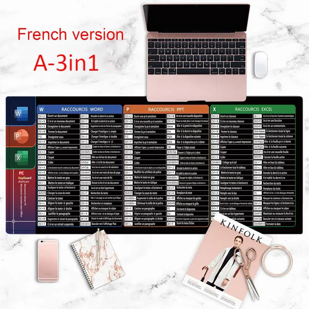 النسخة الفرنسية Excel/Word/Windows/PPT لوحة ماوس من ورقة الغش، لوحة مفاتيح الكمبيوتر لطلاب عمال المكاتب مكتب حصيرة مكتبية