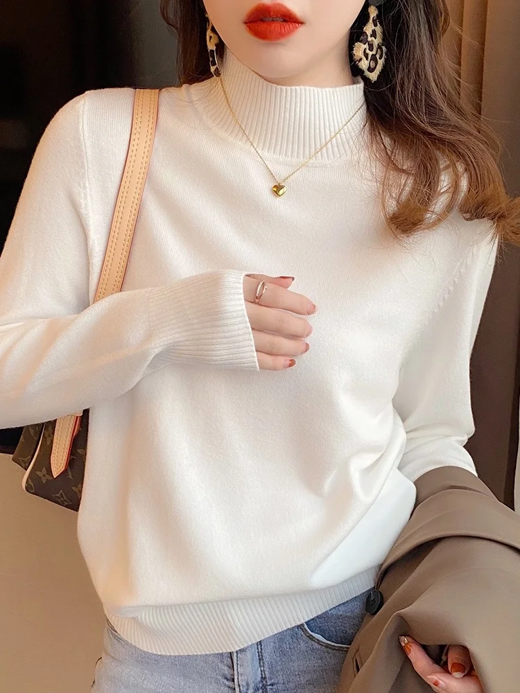 

Модные осенне-зимние женские вязаные топы с длинным рукавом, элегантный белый повседневный пуловер с полувысоким воротником, свитер