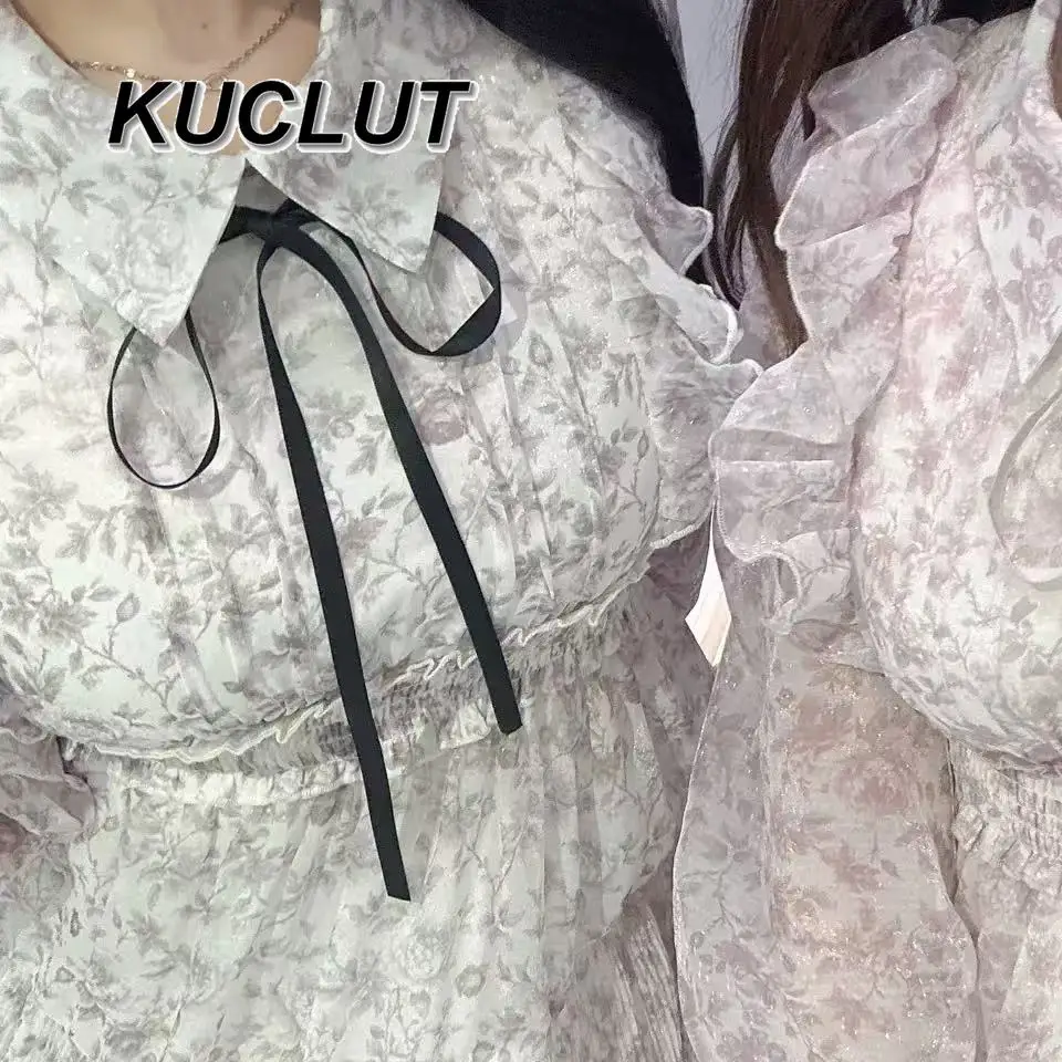 Vintage elegante jurken voor dames 2025, nieuwe Japanse stijl, stropdas, zoete bloemen, geplooide jurk met lange mouwen, lente en herfst