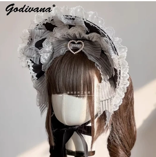 Velvet Cake Lolita handgemaakte roze hoofdband BNT Kc cosplay accessoires hoofddeksels meisje dames schattig kant satijnen strik zwarte haarband