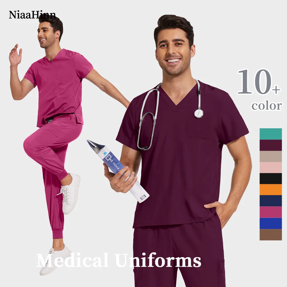

Unisex Nurse Accessories Surgery Scrub Suit Doctor Medical Hospital Uniform Men Tops Jogger Pants Set Veterinary Nursing Uniform