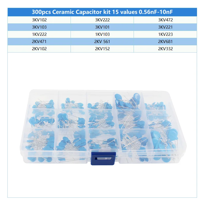 300pcs/box 1KV 2KV 3KV High Voltage Ceramic Capacitors Assortment Kit Box 1nF 2.2nF 10nF 22nF 0.47nF 102 222 472 103 223 152 332