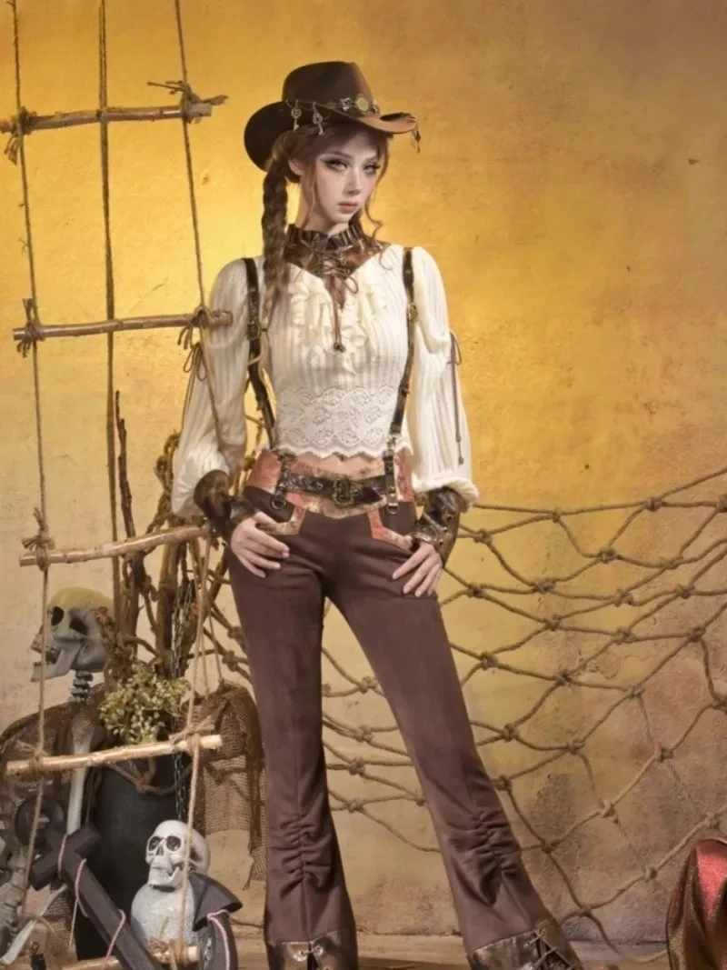 Original Elegant Lolita Cosplay Suit Punk Knitted Stitching Straps Stand-up Collar Lace Top Low Waist Retro Overalls Trousers