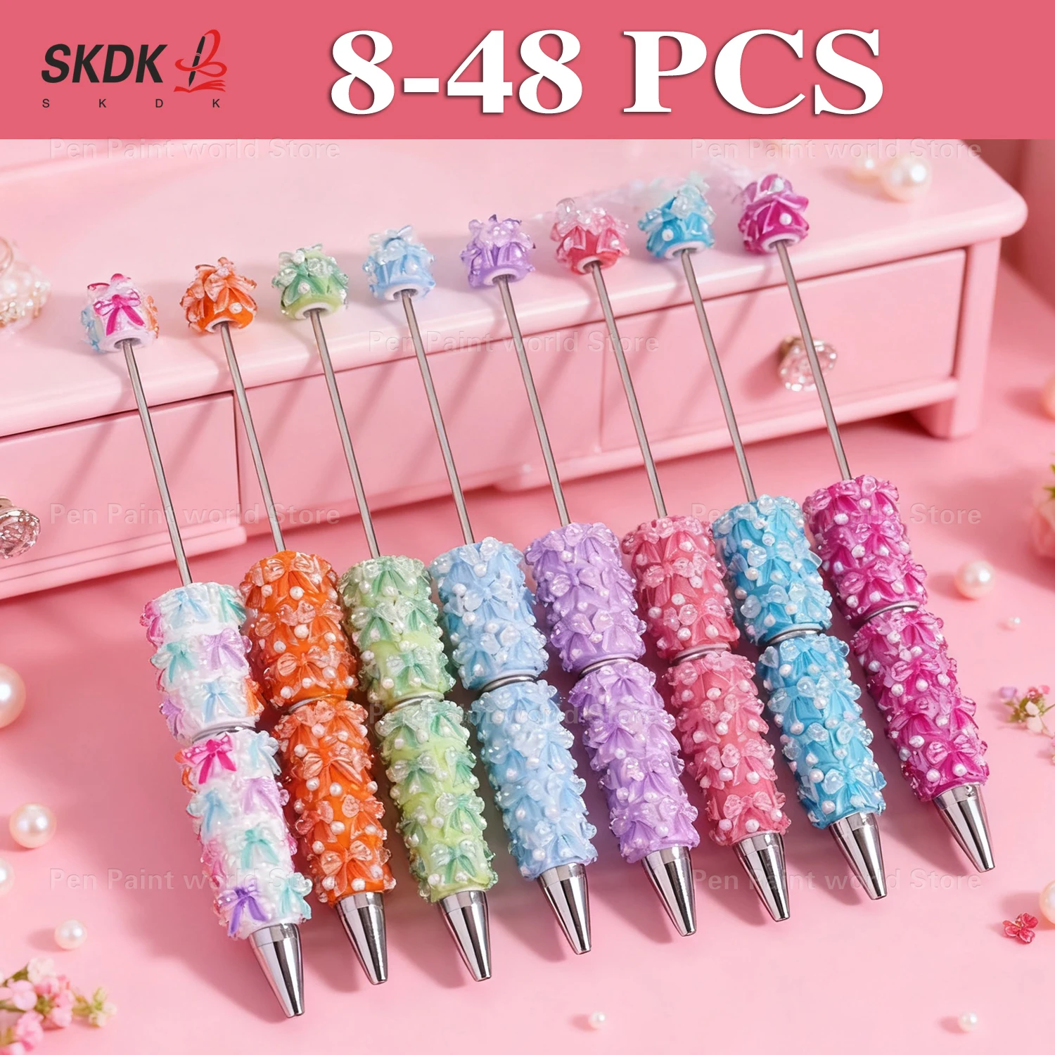 

8-48Pcs DIY Bead Pen Ballpoint Pen – Handcrafted Bow Pearl-Studded Cute Bead Pen for Gifts, Students, Party Favors
