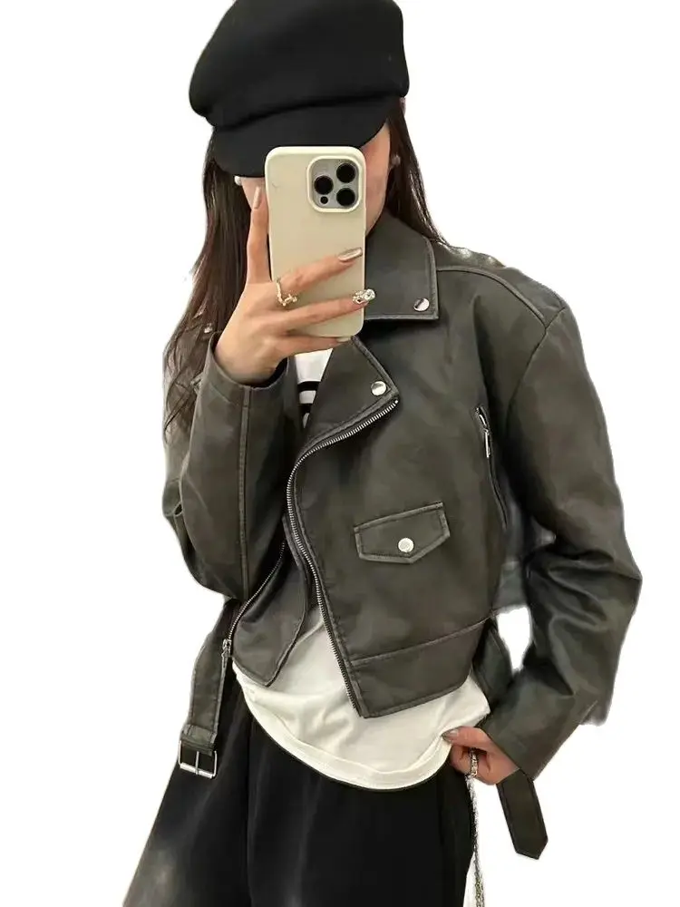 2024 nuove donne di moda Vintage allentato Pu ecopelle giacche corte cintura Streetwear cerniera femminile Retro Motor Biker cappotti Outwear