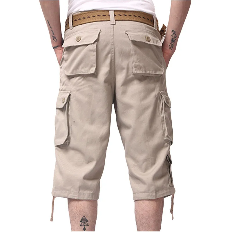 Men\'s Long Length Cargo Pants Summer Loose Casual Cotton Multi Pocket Cropped Trousers Hip Hop Breeches Tactical Shorts