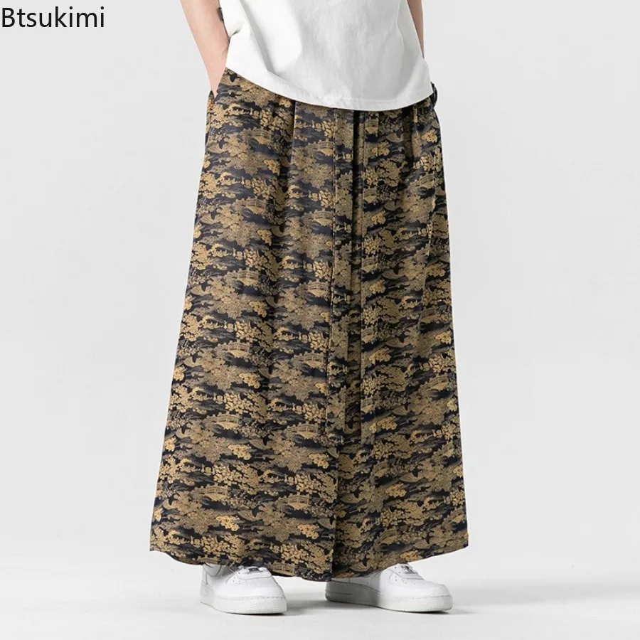 Summer New Men's Cotton Linen Wide Leg Pants Vintage Print Loose Casual Trousers Trend Streetwear Chinese Style Men Hanfu Pants