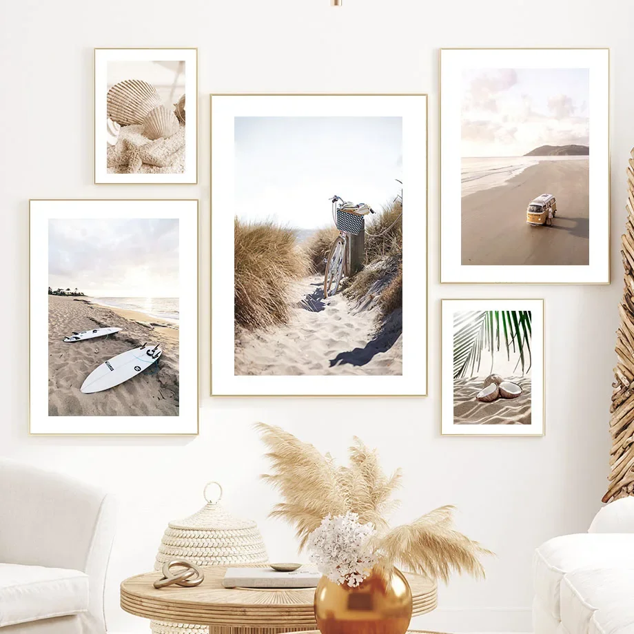 Boho Beige Nature Reed Grass Bike Beach surf Wall Art Print Canvas Painting Nordic Poster Wall Pictures For Living Room Decor