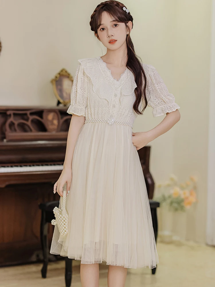 White Mesh Patchwork Hook Flower Hollow Luxury Long Dress Women Summer Elegant Beading Chic Dress 2024 Korean Vintage Prom Dress