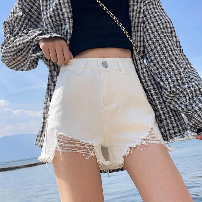 

Шорты женские летние джинсовые с дырками рваные винтажные женские с высокой талией тонкие трапециевидные с широкими штанинами модные Ulzzang универсальные шикарные шорты на меховой подкладке