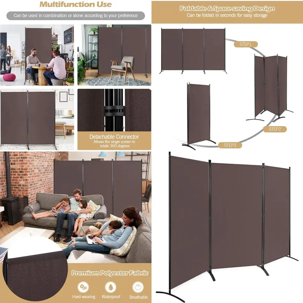 

6-Foot Tall 3-Panel Folding Room Divider, Brown Privacy Screen for Home and Office Use