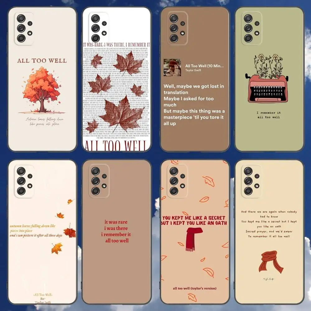 حافظة هاتف All Too Well Lyrics لهاتف سامسونج جالاكسي A 91,80,73,72,71,53,52,51,22,5G غطاء أسود ناعم مقاوم للصدمات