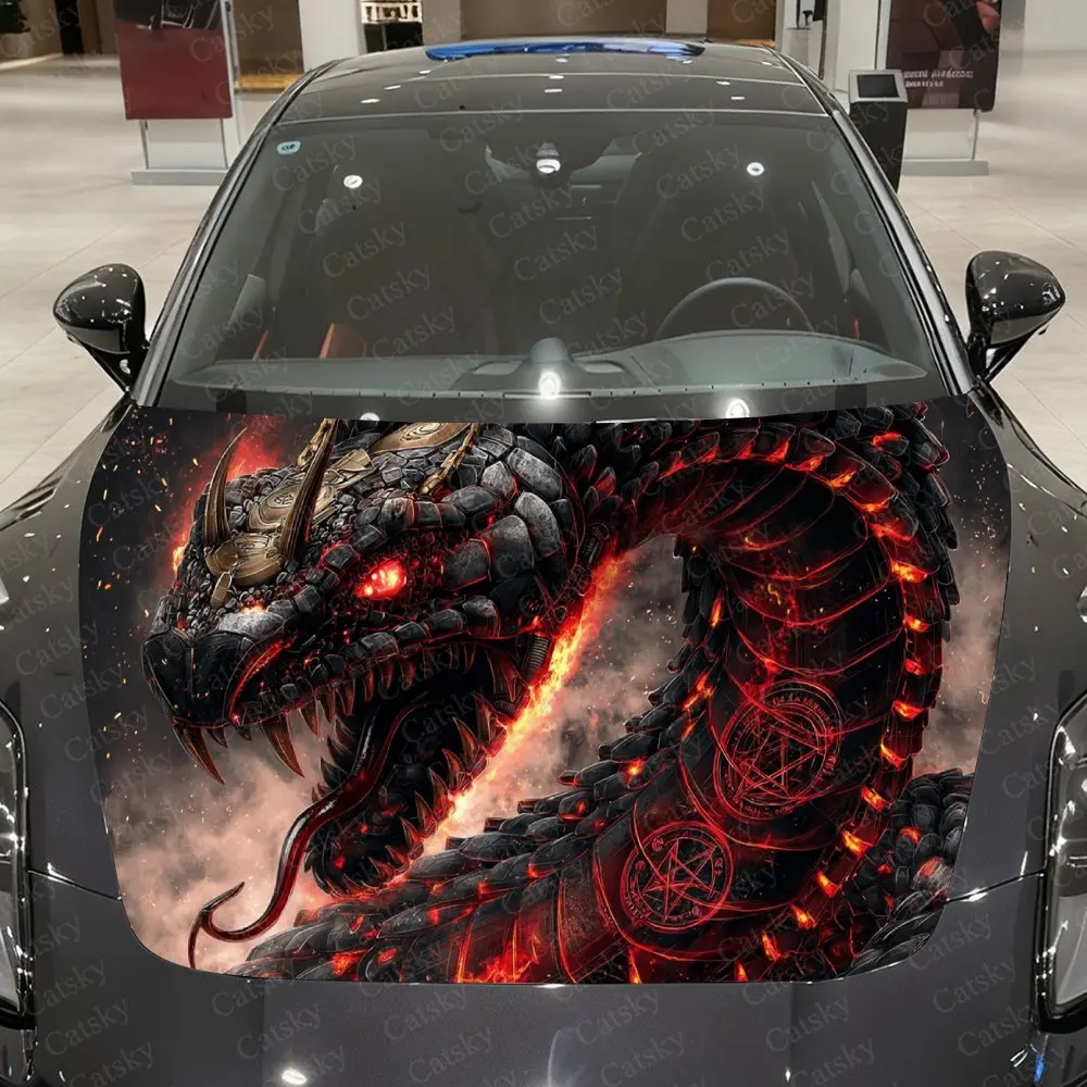 Dark Fire-Scaled Fierce Serpent Car Vinyl Wrap, PVC Waterproof Car Hood Sticker, Self-Adhesive Scratch-Resistant Stickers
