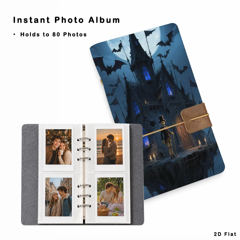 Halloween Haunted Castle Bat Full Moon Print Photo Album Wallet 20 Pages 80 Vertical Pockets PU Leather Holiday Gift For Collect