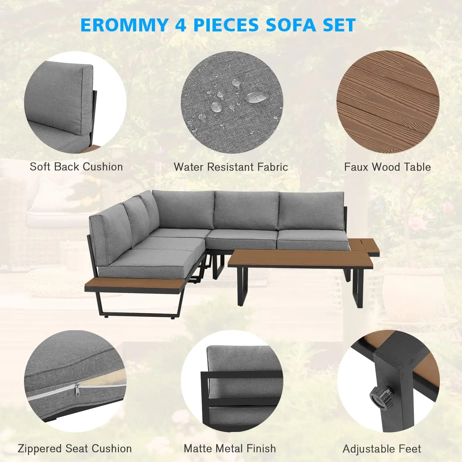 EROMMY Conjunto de sofá secional externo de 4 peças com mesa de centro, 91 ''× 91'' Conjunto de conversa de metal extra grande em forma de L com todo o mar