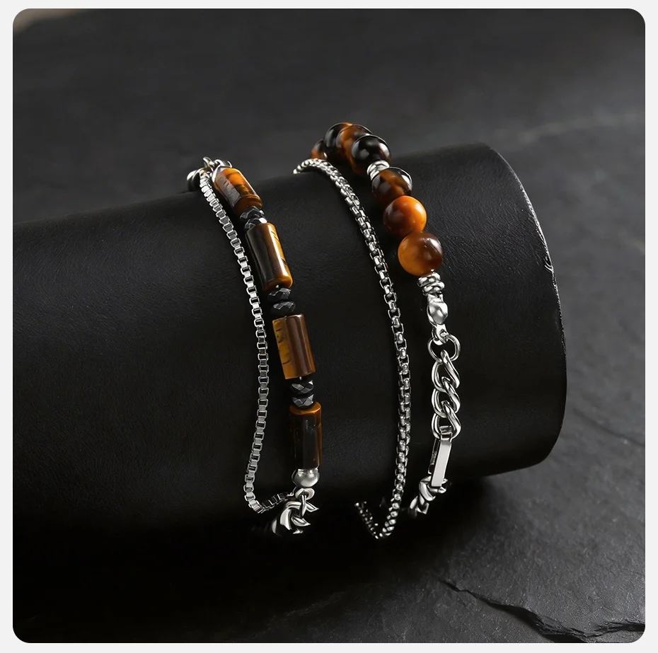 Vnox Herren Tigerauge-Perlen Kubanische Kette Armbänder, Edelstahl Gliederarmband Steinschmuck Geschenk für Vater Papa Ehemann Sohn Ihn – Detail 5