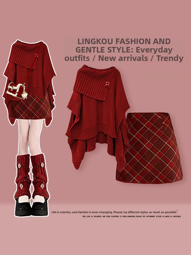 

Ele вязаный красный свитер Cisas Aosphere и клетчатая юбка, комплект из двух предметов для женщин, осенне-зимний ансамбль Faion