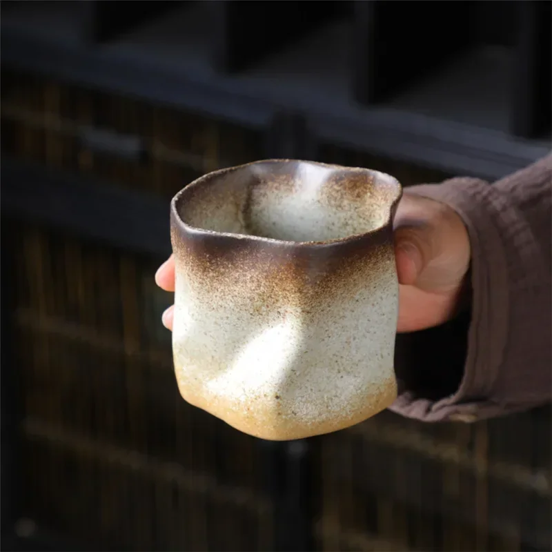 Vintage Crude Pottery Wrinkled Mug Irregular Hand‑made Ceramic Coffee Cup Retro Middle East Style Tea Water Cup for Home Gift