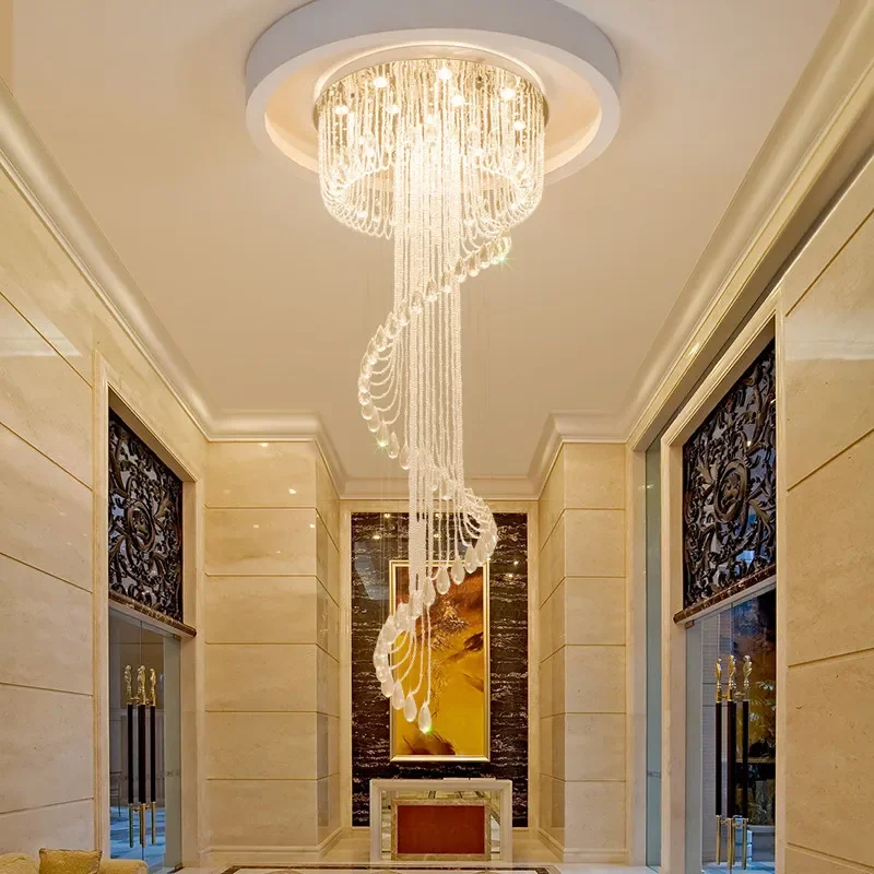 Modern Double Spiral Staircase Lustre Crystal Ceiling Chandelier Loft Restaurant Hotel Hall Long Illumination Lights