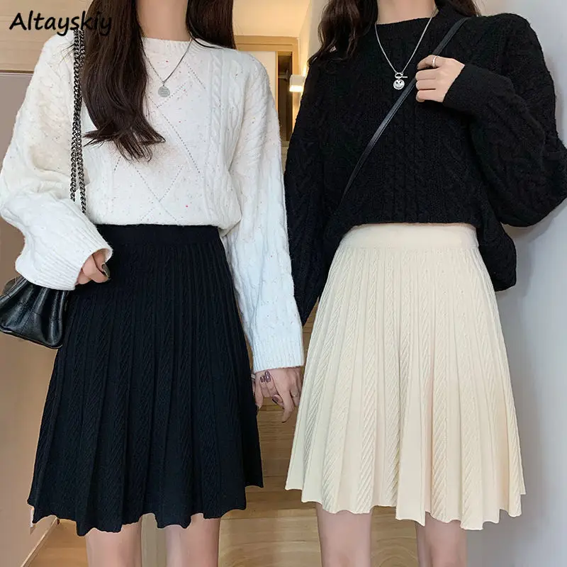 

Knitted Pleated Skirts Women Above Knee Solid Casual Autumn All-match Design College Jupe Femme Korean Style High Waist Elegant