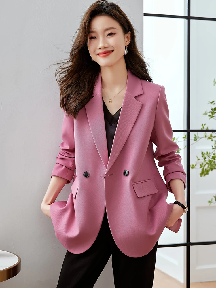 Rosa Aprikose Schwarz Frauen Casual Blazer Damen Weibliche Lange Hülse Lose Mantel Jacke Für Herbst Winter JJ1051