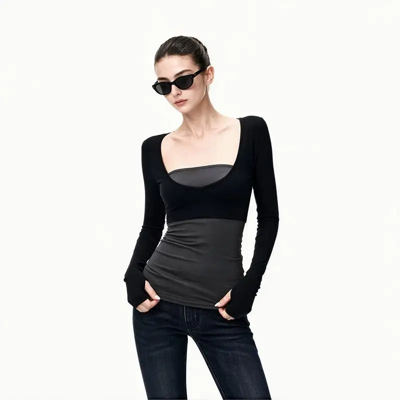 Spicy Girl Black And Gray U-neck Slim Fit Two-piece Long Sleeved T-shirt For Women Autumn Fashion Versatile Slimming Top